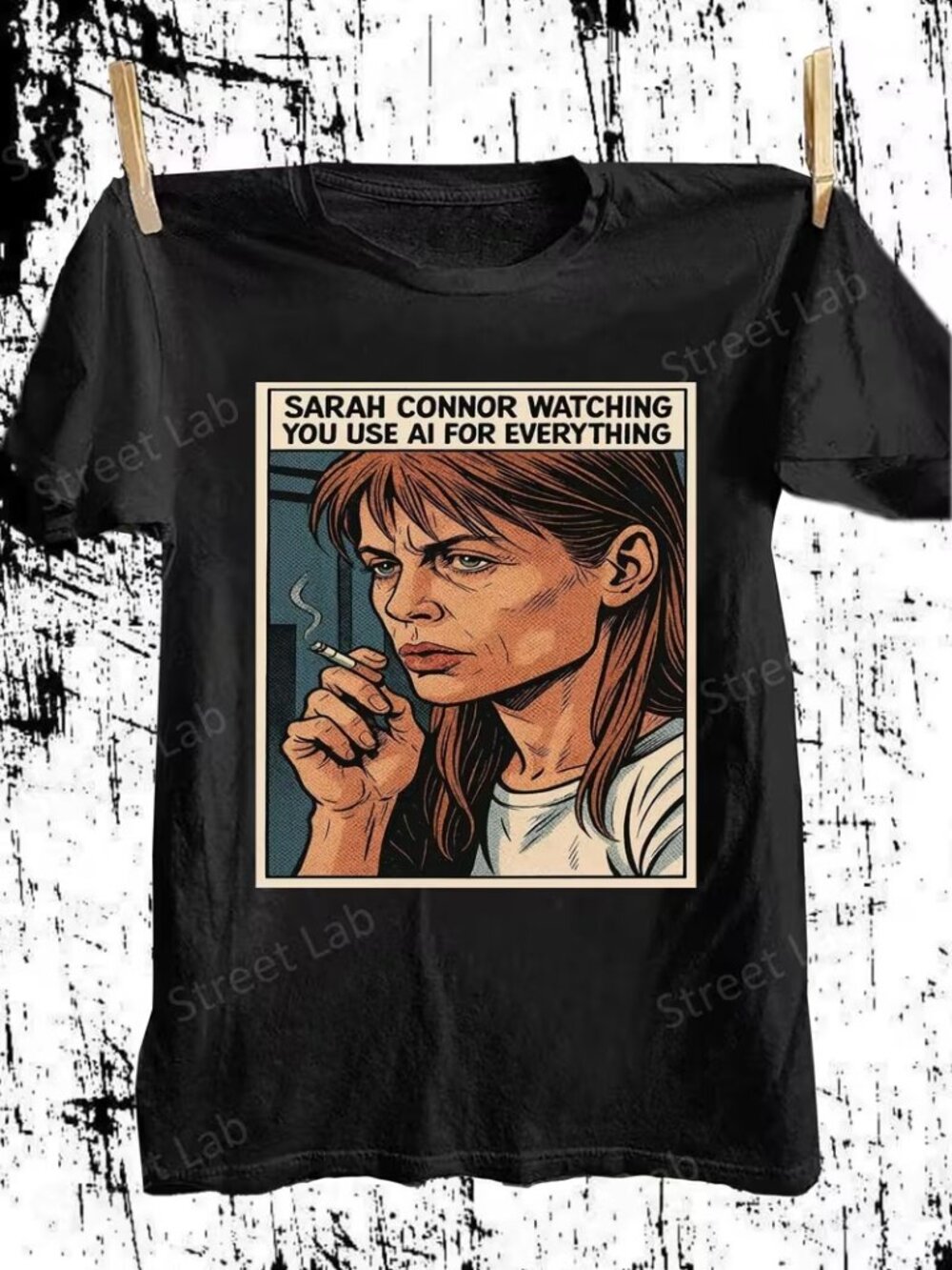 T-Shirt Black with Bold 'SARAH CONNOR WATCHING YOU USE AI FOR EVERYTHING